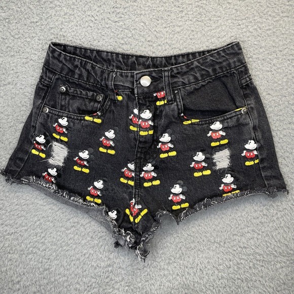 Forever 21 Mickey Mouse Denim Shorts Womens 24 Black Jean Mid Rise Very Short - Picture 5 of 14